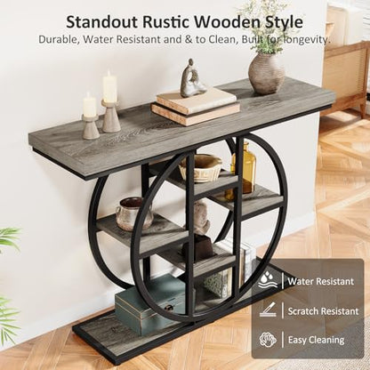 Celaform 41" Console Table, 4-Tier Entryway Table with Circle Base, Industrial Narrow Wood Sofa Accent Tables with Storage Shelves for Living Room, Hallway, Foyer (Grey) - color: Grey