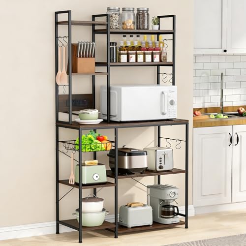 Luckyeestar Bakers Rack with Power Outlet - 6 Tier Microwave Stand with Storage, 35.4 inches Kitchen Shelf with Wire Basket and 12 S Hooks,Coffee Bar Shelf, Adjustable Feet, Rustic Brown Cabinet - size: 6-Tier 35.4 inches