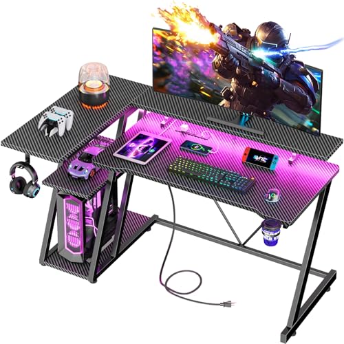 Korfile 47 Inch Gaming Desk with Power Outlet & LED Lights, Corner Computer Desk with 3 Tiers Storage Shelves, Home Office Desk with Monitor Stand for Small Space, Carbon Fiber Black - color: Carbon Fiber Black, size: 47 Inches