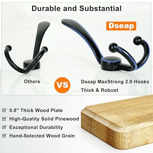 Dseap Coat Rack Wall Mounted - 5 Tri Hooks, Heavy Duty, Wooden Wall Coat Hanger Coat Hook for Clothes Hat Jacket Clothing, Natural & Black - color: Natural & Black, size: L=17.4"