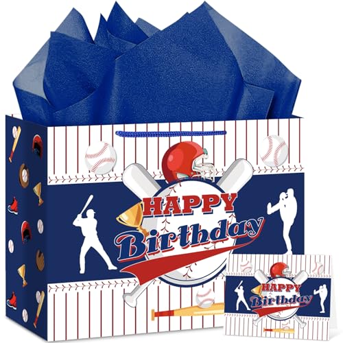 Hooqict Baseball Gift Bag Baseball Birthday Party Gift Wrapping Bag with Tissue Paper and Greeting Card for Boys Men Sport Birthday Party Supplies Goodie Treat Baseball Birthday Gift Bag - color: Baseball
