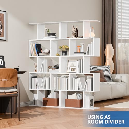 Cozy Castle Set of 2 Geometric Bookcase, S-Shaped Modern Bookshelf, Room Divider Bookshelf, 62" Tall Unique Abstract Bookcase with 5-Tier Display Shelf for Living Room Office, White - color: White
