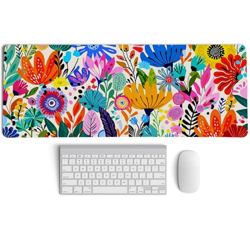 Boho Colorful Botanical Wildflower Mouse Pad,XL Large Floral Aesthetic Bright Maximalist Desk Mat,Folk Art Botanical Flower Mousepad for Home Office Dorm Desktop Decor,31.5x11.8 Inch - color: Floral Color XL
