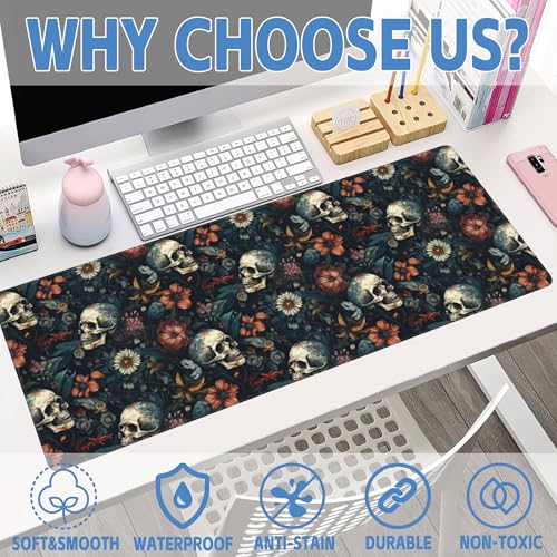 Desk Mat,Skulls with Flowers Large Gaming Mouse Pad XL,Skull Floral Desk Pad,Extended Big Computer Keyboard Mousepad with Non-Slip Base and Stitched Edges 31.5"x11.8" - color: Skulls With Flowers, size: XL-31.5"x11.8"