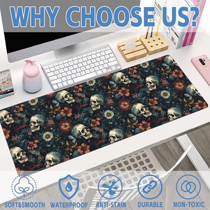Desk Mat,Skulls with Flowers Large Gaming Mouse Pad XL,Skull Floral Desk Pad,Extended Big Computer Keyboard Mousepad with Non-Slip Base and Stitched Edges 31.5"x11.8" - color: Skulls With Flowers, size: XL-31.5"x11.8"