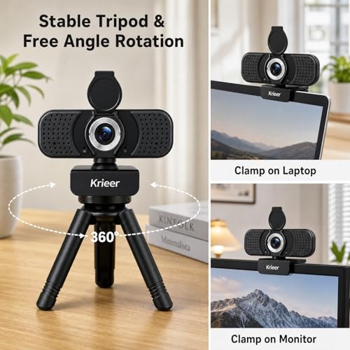 1080P HD Webcam with Dual Mics, Privacy Cover for Video Calls, Zoom | Rotatable Tripod, Auto Light Correction, Noise Canceling, USB Plug & Play, for PC, Streaming, Gaming, Online Meetings