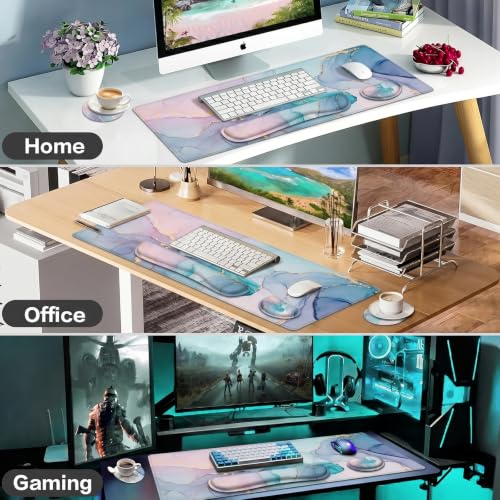 Lateefah Desk Mat, Extended Mouse Pad with Wrist Rest, 4-in-1 Large Mouse Pads for Desk, Keyboard Pad and Keyboard Wrist Rest Gaming Keyboard Mat for Office, Home - color: Green Marble-35.4''x15.7''