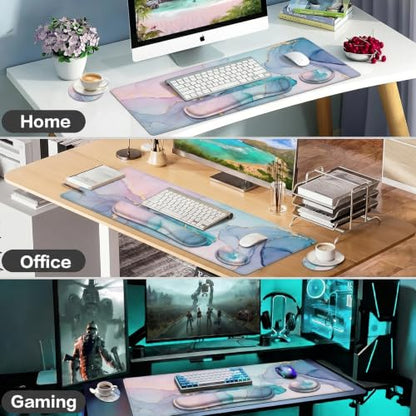 Lateefah Desk Mat, Extended Mouse Pad with Wrist Rest, 4-in-1 Large Mouse Pads for Desk, Keyboard Pad and Keyboard Wrist Rest Gaming Keyboard Mat for Office, Home - color: Green Marble-35.4''x15.7''