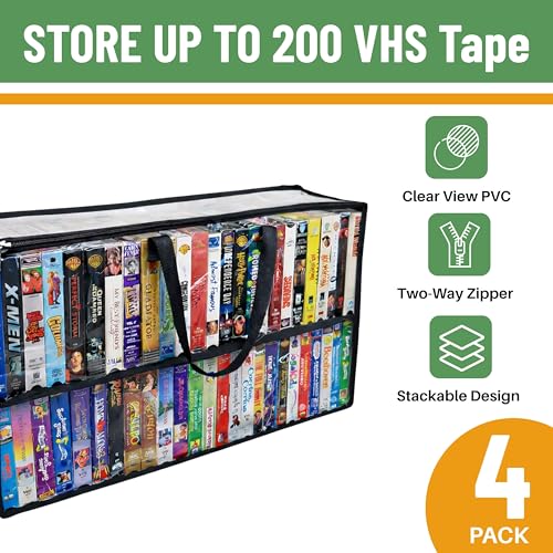 Evelots 4 Pack-VHS Movie Tape Storage Bag/Case, Clear PVC Plastic-Holds 200 Total, Strong Handles-No Dirt/Moisture/Dust - size: 4-Pack (Holds 200), style: Vhs Storage Bag