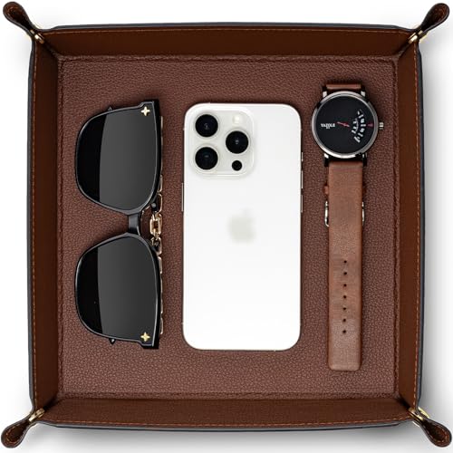 VLANDO Valet Tray Organizer, PU Leather Catchall Tray for Home | Large PU leather tray for keys, wallet, watch, coins and jewelry on nightstands, dressers or entryway tables - color: A-Brown, size: 11'' x 11'' x 0.2''