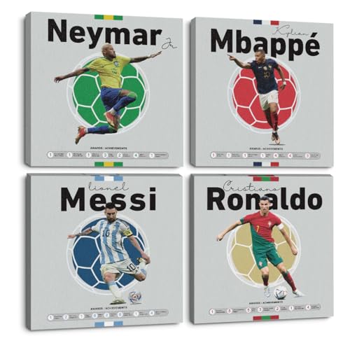 4PC Canvas Wall Art Framed Art Famous Soccer Superstar Room Decor Inspirational Sports Paintings Soccer Gifts Wall Decor Prints Picture for Boys Room Sports Club Bar Bedroom Home Decor 7.9x7.9 inch - color: Multi 1072