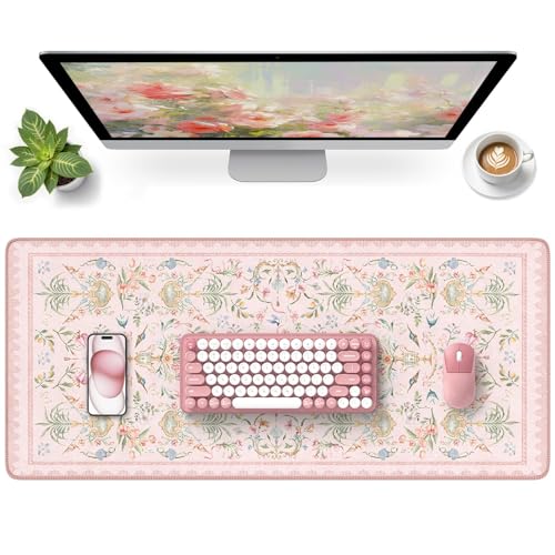 HAOCOO French Floral Desk Mat, Pink Desk Cover Mat, 35.4" x 15.7" Cute Long Mouse Pad, Aesthetic Flower Desktop Mat Accessories, Waterproof Teacher Desk Mat for Work, Study - color: Blush Pink, size: 35.4" x 15.7"