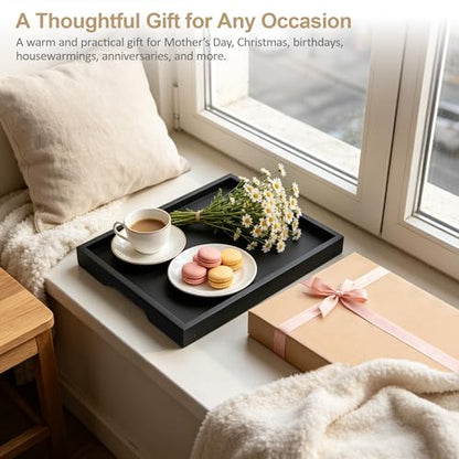 Breakfast Tray with Folding Legs Set of 2, Bamboo Bed Tray Table 15.7" Foldable TV Dinner Tray with Ergonomic Wave Handles for Bed Couch Sofa, Breakfast, Snacks, Coffee, Black - color: Black, size: Medium