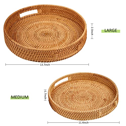 Round Rattan Serving Tray with Handles,2 Hand Woven Basket, Home Decor Organizer Tray for Breakfast, Tea, Snack, Fruit, Coffee, Storage (Large + Medium)(14.17inchX2.3inch+11.9inchX1.7inch - color: Large + Medium