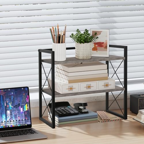 YINMIT Desktop Shelf Organizer, 2 Tier Office Shelves, Wood Desk Organizer Storage Rack and Freestanding Display Shelf for Office, Dormitory, Home (Grey) - color: Grey