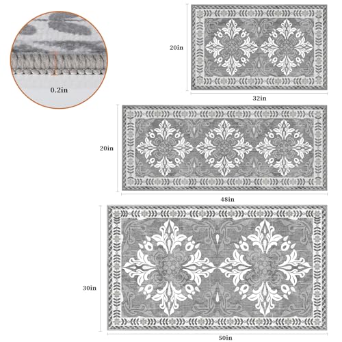 Kitchen Rugs Set of 3, Non-Slip & Washable Floor Mats, Water-Absorbent Area Pad, Standing Desk Mat for Office, Home, Doorway, Laundry, Kitchen Accessories (Light Grey) - color: Light Grey, size: 20"x32"+20"x48"+30"x50"