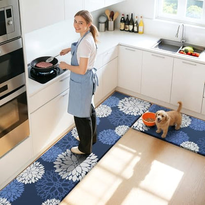 Kitchen Mats, 2PCS Non-Slip Cushioned Rugs, Anti-Fatigue Waterproof Floor Rug, Washable Standing Desk Mat, Home Laundry Office Apartment Decor and Accessories (17.3" ×70" +17.3" ×30"-Blue) - size: 17.3"W×70"L+17.3"W×30"L-0.4"Th