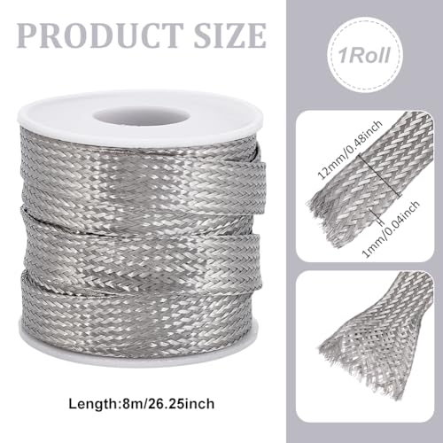 UNICRAFTALE 1/2 inch Wide Braided Sleeving Braid Stainless Steel Cable Wire Shielding Sleeve Ground Straps Protection Metal Mesh Flexible Expandable Scalable Ribbon Wire for Protect Cable 26 Feet - size: 8m x 12mm