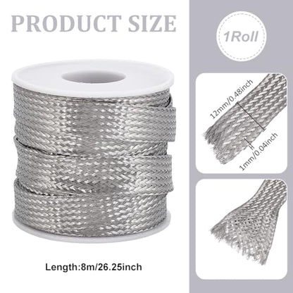 UNICRAFTALE 1/2 inch Wide Braided Sleeving Braid Stainless Steel Cable Wire Shielding Sleeve Ground Straps Protection Metal Mesh Flexible Expandable Scalable Ribbon Wire for Protect Cable 26 Feet - size: 8m x 12mm