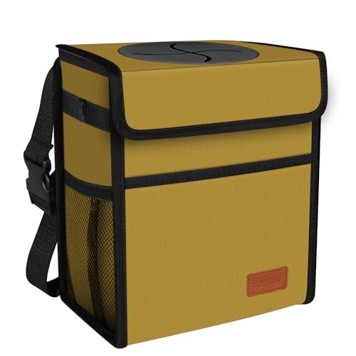 Femuar Car Trash Can with Lid - Leak Proof, Waterproof Garbage Can for SUV Front Seat, Multipurpose Car Hanging for Headrest, Collapsible and Portable with Storage Mesh Pocket, Khaki - color: Khaki, size: 2.25 Gallons
