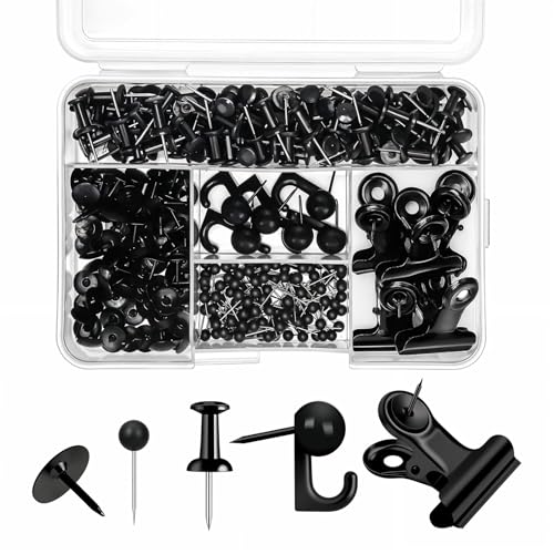 310 Pcs Push Pins Set, Black Thumb Tacks Decorative Push Pins for Cork Board with Push Pin Hook Pushpin Clip 5 Style Office Accessories for Cork Board Map Office (Black) - color: Black02