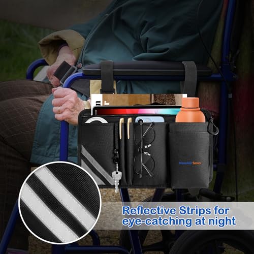 Wheelchair Side Bag with Cup Holder, Universal Armrest Organizer with Reflective Strips & Mesh Pockets, Water-Resistant Storage for Wheelchairs, Walkers, Rollators & Strollers (Black)