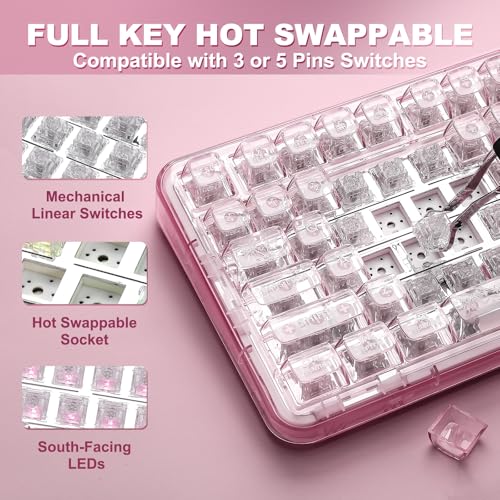 YUNZII X98 QMK/VIA Wireless Mechanical Gaming Keyboard with Knob,Tri-Mode BT5.0/USB-C/2.4GHz Hot Swappable Keyboard,Pre-lubed Switches Gasket Mount RGB Backlit for Wins/Mac (Pink, Crystal Switch) - color: Pink, size: Crystal Switch