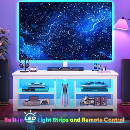 TV Stand with Mount for 55/65/70 Inch TVs Wood TV Stands for Living Room with Power Outlet & LED Lights Entertainment Center Gaming Console for Bedroom, Height Adjustable Swivel TV Mount, White - color: White