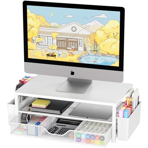 OPNICE Desk Organizers and Accessories, 2-Tier Computer Monitor Stand Riser with Drawer and 2 Pen Holders, Laptop Stand, Office Desk Accessories for Office Supplies, White Wood - color: White Wood, size: With Drawer and 2 Pen Holders
