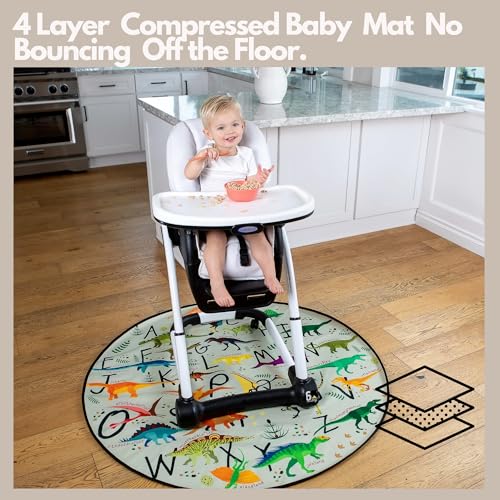 Splat Mat for Baby – Under High Chair Floor Mat Protects Wood, Vinyl and Carpet from Spills – Waterproof 4 Layer Baby Mat Bundle with Waterproof Matching Smock (51” x 51”) - color: Dinosaur Alphabet Grey