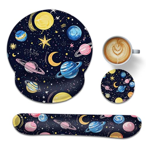 Wrist Rest Support for Mouse Pad Keyboard Set, Planet Moon Universe Galaxy Mouse Pad with Non Slip Rubber Base for Home and Office Typing Support - color: Planet Moon Universe Galaxy