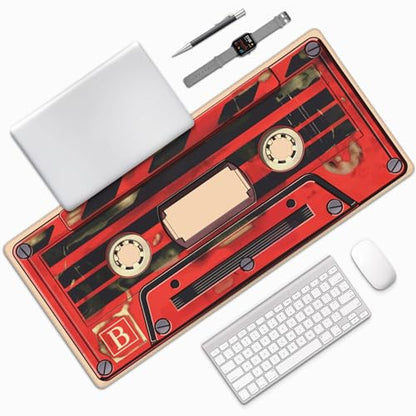 Retro Cassette Tape Desk Mat, Red and Black, 35.4 x 15.7 Inches, Anti-Slip Base, Gaming Mouse Pad - color: Red tape