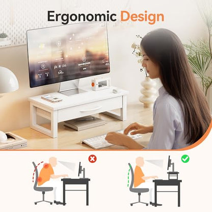 Desk Organizers and Accessories, Computer Monitor Stand Riser with Drawer, White Laptop Stand for Desk with Storage, Office Organization, Wood