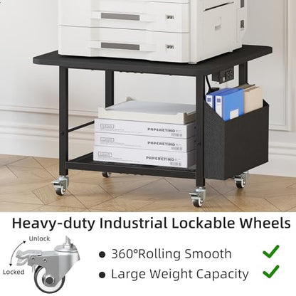 YAOHUOO 23.6"×23.6" Large Printer Stand with Power Outlet, Printer Table with Storage Side Pocket, Heavy Duty Rolling Cart for Home Office 3D Printer/Laser/Heat Press Table, Black - color: Black