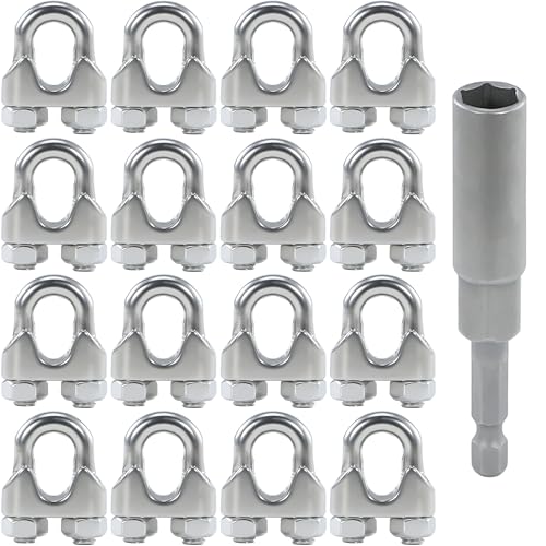 16PCS 3/16 to 1/4 Inches M5 Stainless Steel Wire Rope Clips Cable Clamp - size: 16 M5 Clips,1 Nut Driver