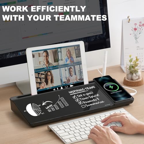 Small Glass Desktop Whiteboard Dry-Erase-Board - Computer Keyboard Stand with Wireless Charger White Board Surface Pad with Drawer, Desk Organizers with Accessories for Office, Home, School Supplies - color: Wireless Charging - Black