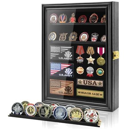 Military Challenge Coin Display Shadow Box Holds Up to 70 Coins, Lockable Wall-Mounted Cabinet for Medals, Pins, Patches & Ribbons, Removable Shelves, Pinnable Velvet Backing, UV Acrylic Door(Black) - size: L-5 Rows