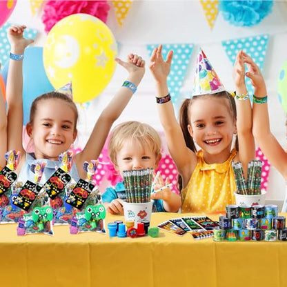 Sayglossy 331 Pcs Video Game Party Favors Set Includes Gift Bags Pencils Notebook Sharpener Slap Bracelets Rings Keychains 3D Puffy Stickers Stamper Gamer Party Favors Birthday (Classic) - style: Classic