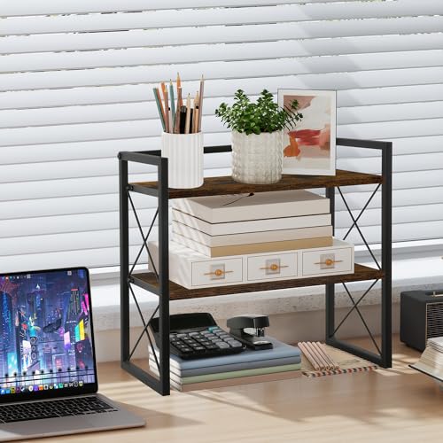 YINMIT Desktop Shelf Organizer, 2 Tier Office Shelves, Wood Desk Organizer Storage Rack and Freestanding Display Shelf for Office, Dormitory, Home - color: Retro