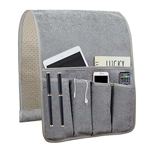 NB Remote Control Holder，Bedside & Armchair & Couch Caddy with Non-Slip Base，5 Pockets Oxford Fabric Bed Desk Storage Pocket for Phone Tablet Kindle Magazines，Gifts for Seniors (Gray, 35"X12.4") - color: Gray, size: 35"x12.4"