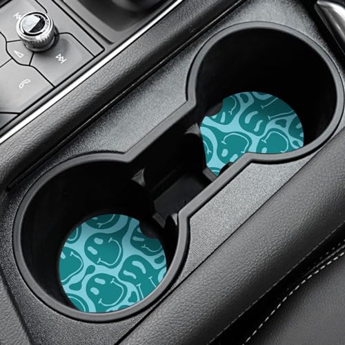 Car Coasters,Purple Smily Absorbent 2 Pack for Cup Holders with Finger Notch,2.56 inches Ceramics Heat Resistant Anti Slip Cork Base Car Drinks Coasters Auto Cup Holder(Blue-Green Smiley face) - color: Blue-green Smiley Face