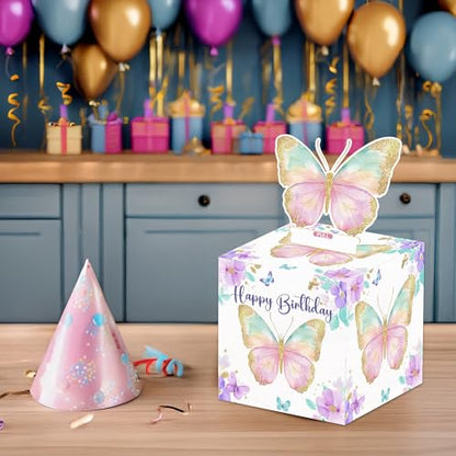 Butterfly Birthday Money Pull Box for Cash, Happy Birthday Butterfly Boxes Gifts for Money Pull Out Card, 50Pcs Transparent Bags - color: White