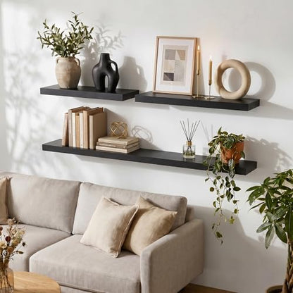 fuqing 24" x 6.7" x 1.4" Black Floating Shelves Set of 2, Rustic Black Wood Shelves for Living Room Bathroom, Hardware Included, 40 Lbs, Invisible Brackets - color: Black, size: 24 Inch-UP