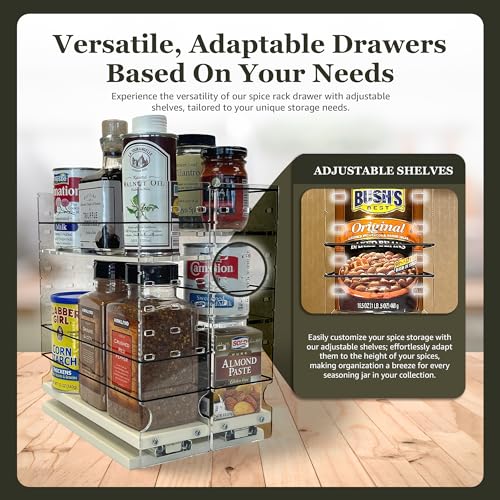 Vertical Spice Adjustable Spice Rack Drawer - Pull Out Cabinet Organizer - Kitchen and Pantry Organizers and Storage - Spice Caddy - 2 Drawers, 3 Upper Tier (6.9" W x 11.25" H x 10.6" D, Cream) - color: 2-3.25" Drawers, Adjustable Shelves