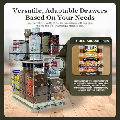 Vertical Spice Adjustable Spice Rack Drawer - Pull Out Cabinet Organizer - Kitchen and Pantry Organizers and Storage - Spice Caddy - 2 Drawers, 3 Upper Tier (6.9" W x 11.25" H x 10.6" D, Cream) - color: 2-3.25" Drawers, Adjustable Shelves