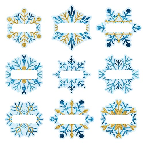 Whaline 90Pcs Christmas Winter Name Tag Stickers Blue Gold Snowflake Shape Nameplates Xmas Self-Adhesive Gift Label Decals for Holiday Present Students Desk Classroom, 9 Designs - style: Snowflake