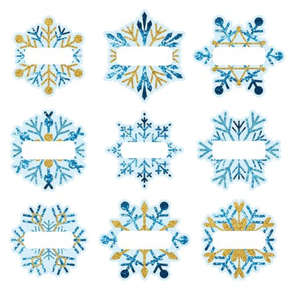 Whaline 90Pcs Christmas Winter Name Tag Stickers Blue Gold Snowflake Shape Nameplates Xmas Self-Adhesive Gift Label Decals for Holiday Present Students Desk Classroom, 9 Designs - style: Snowflake