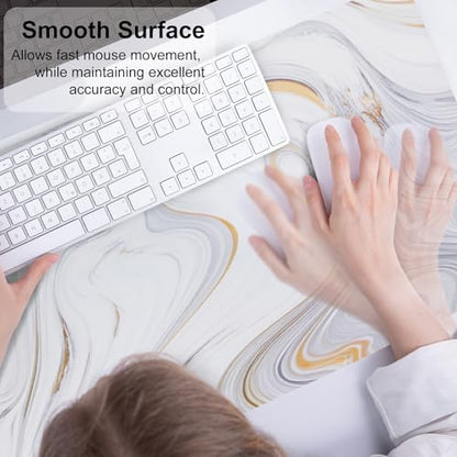 QIYI White Mouse Pad, Cute Marble Large Desk Mat, PU Leather Desk Protector Mousepad, Gold Grey Striped Waterproof Computer Keyboard Gaming Mouse Pads, Non Slip Extended Writing Pad 31.5" x 15.7" - color: Luxury Marble Ink, size: 31.5" x 15.7"