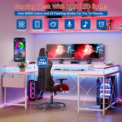 U Shaped Desk with Power Outlet & LED Lights, 79" Reversible Computer Desk with Monitor Stand, Wood Home Office Desks Gaming Desk with Shelving, Side Storage Pockets, Pink - color: Pink