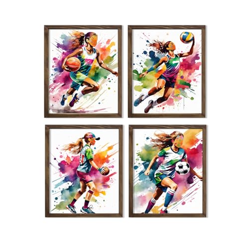 Girls Sports Poster Set of 4, Colorful Watercolor Female Athlete Wall Art, Basketball Volleyball Softball and Soccer Prints, Motivational Sports Decor for Girls Bedroom Teen Room Playroom Locker Room, Bright Athletic Wall Art, 8x10 inc. Unframed Prints -